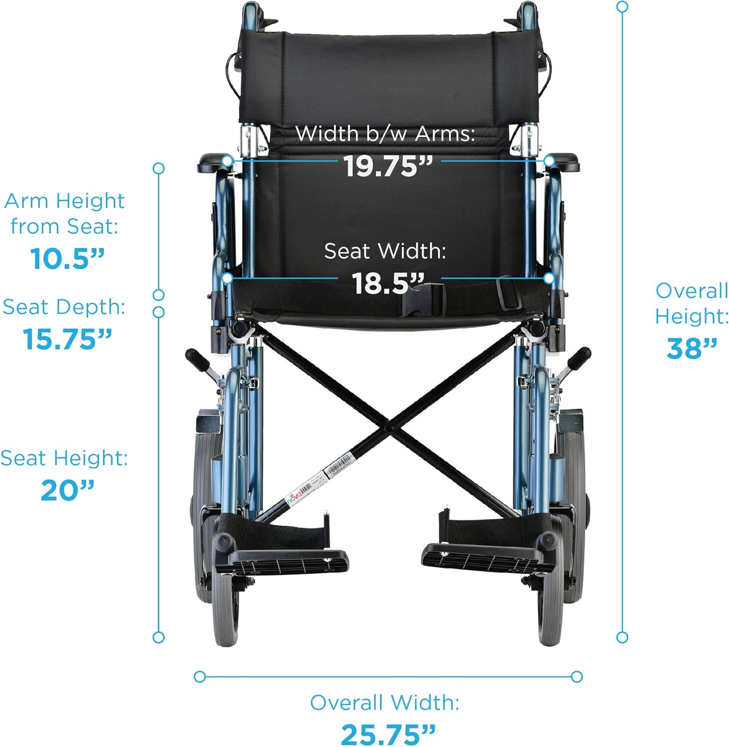 NOVA Lightweight Transport Chair with Locking Hand Brakes, 12” Rear Wheels, Removable & Flip Up Arms for Easy Transfer, Anti-Tippers Included, Blue: Health & Personal Care