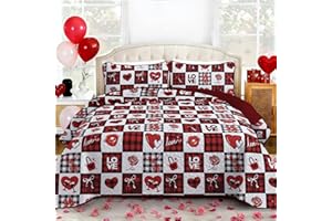 Djoymock Valentine's Day Quilt Set King Size, Lightweight Microfiber Reversible Bedspread Coverlet Quilted Bedding Set, Red S