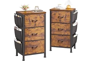 ENHOMEE Night Stand Set 2, Night Stand with 3 Drawers for Bedroom, Bedside Table with Wooden Top, Sturdy Steel Frame End Table, Small Dresser for Bedroom, Entryway, Rustic Brown