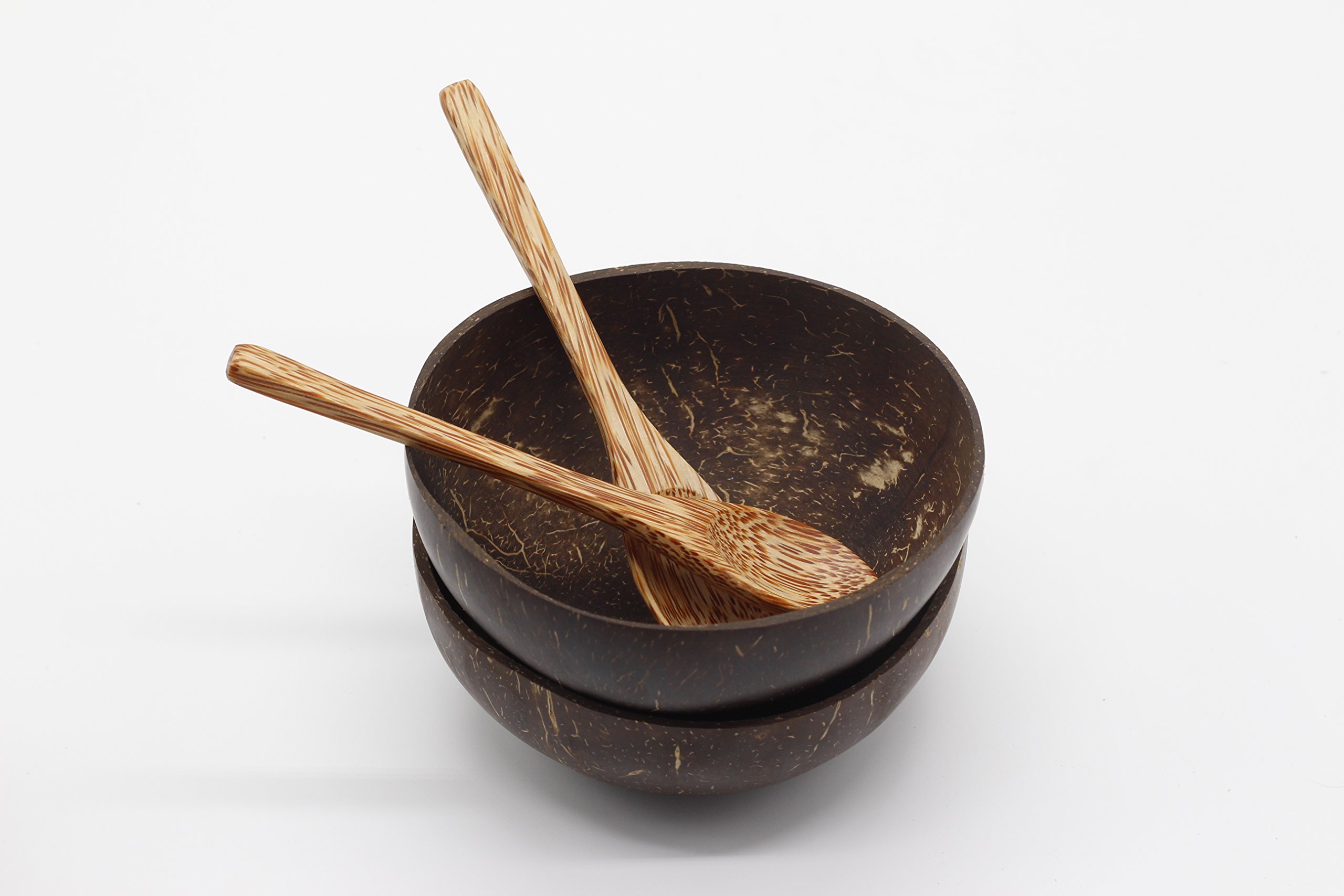 Natural Coconut Bowls and Spoons (set of 2) - Polished with Coconut Oil, Durable, Lightweight, Useful, Large Wooden Serving Bowl for Fruits or Salads, Breakfast, Decoration, Vegan Friendly