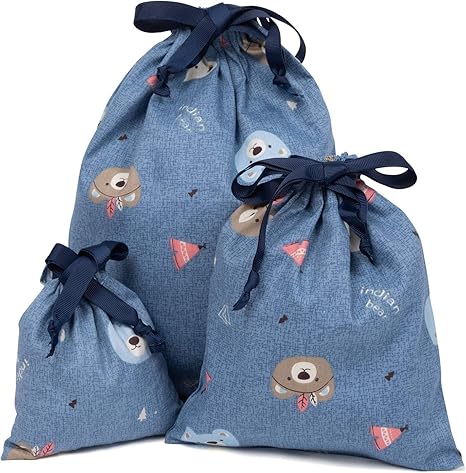 Amazon Co Jp Neoviva Home 巾着 袋 大 中 小 3点 セット 収納 ポーチ かわいい 入園準備 旅行 学校 小物入れ くま プレゼント ブルー ホーム キッチン