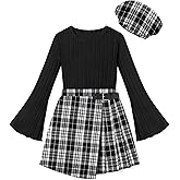 TALLWH Girls Clothes 3Pcs Girl Outfits Solid Color Flare Sleeve Tops + Plaid Skirt Shorts + Beret Girls' Clothing Sets 7-14Y