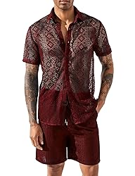 LecGee Mens Boho 2 Piece Outfits Mesh Transparent