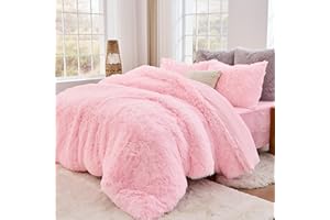 Sasttie 3-Piece Fluffy Duvet Cover Queen, Ultra Soft Faux Fur and Velvet Pink Comforter Cover, Luxury Fuzzy Bedding Sets for Winter Bed, Includes 1 Duvet Cover and 2 Pillowcases, No Comforter