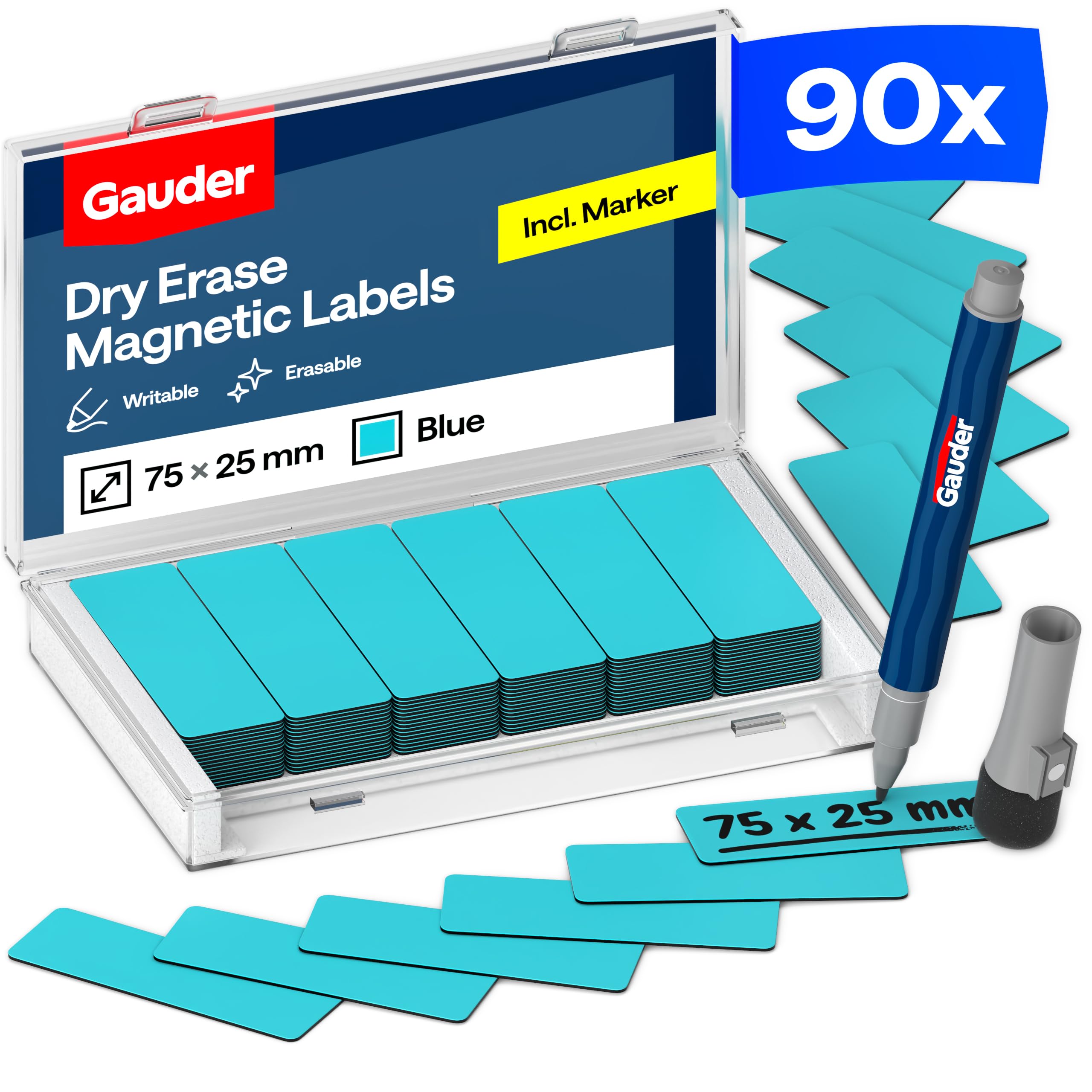 GAUDER Magnetic Labels Writable - Reusable Magnetic Tags for Whiteboard, Blackboard, Kanban Board and Fridge - Magnet Cards with Marker (90 Pieces - 75 x 25 mm)