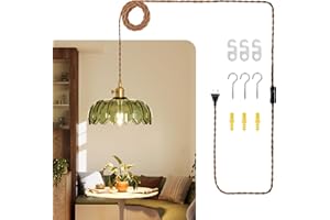 Vintage Plug in Pendant Light, Hanging Light Fixture with Green Glass Lampshade, Pendant Lighting with 11.5 ft Cord and On/Of