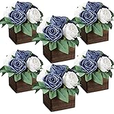 DIYDOFUN Dining Table Centerpiece Set of 6 - Pre-Made Aritifial Rose with Wooden Vase Fake Floral Arrangment Faux Flower for Wedding Bridal Tea Party Event Decorations - Navy Blue & White