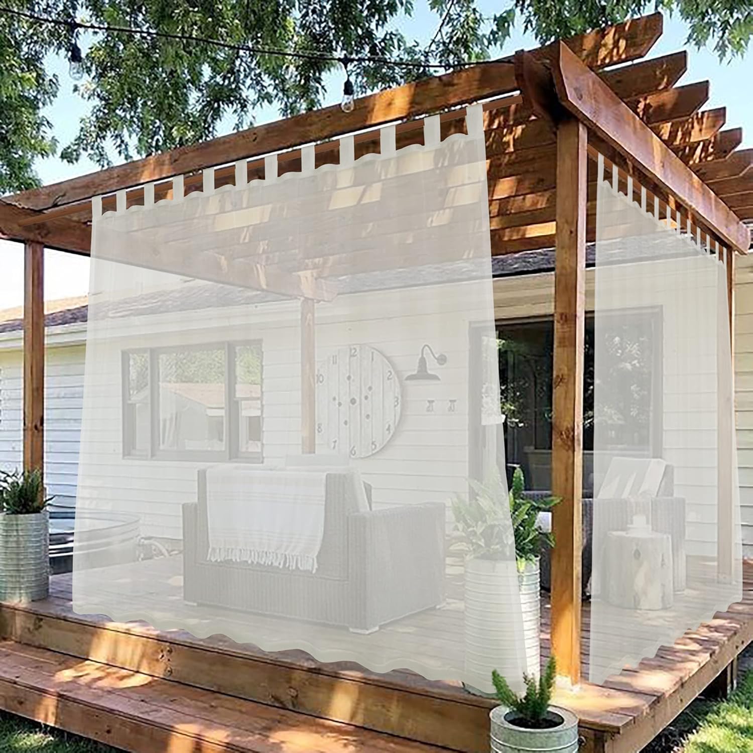 Outdoor Curtains - LORDTEX Outdoor Sheer Curtains for Patio - 2 Panels Tab Top Waterproof Indoor/Outdoor Voile Drapes for Living Room, Porch, Pergola, Cabana and Gazebo, Beige, 100x95 inch