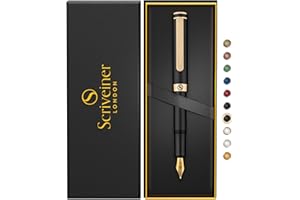 Scriveiner Luxury EDC Fountain Pen (Fine), Stunning Black Pocket Pen with Real Gold Finish, Schmidt Gilded Nib, Ink Converter, Best Writing Gift Set for Men & Women, Nice Fancy Office Designer Gift