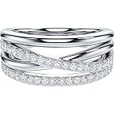 THELANDA Genuine Moissanite or Simulated Diamond Sterling Silver 8.5mm Four Row Criss Cross Crossover Infinity Wedding Ring For Couples