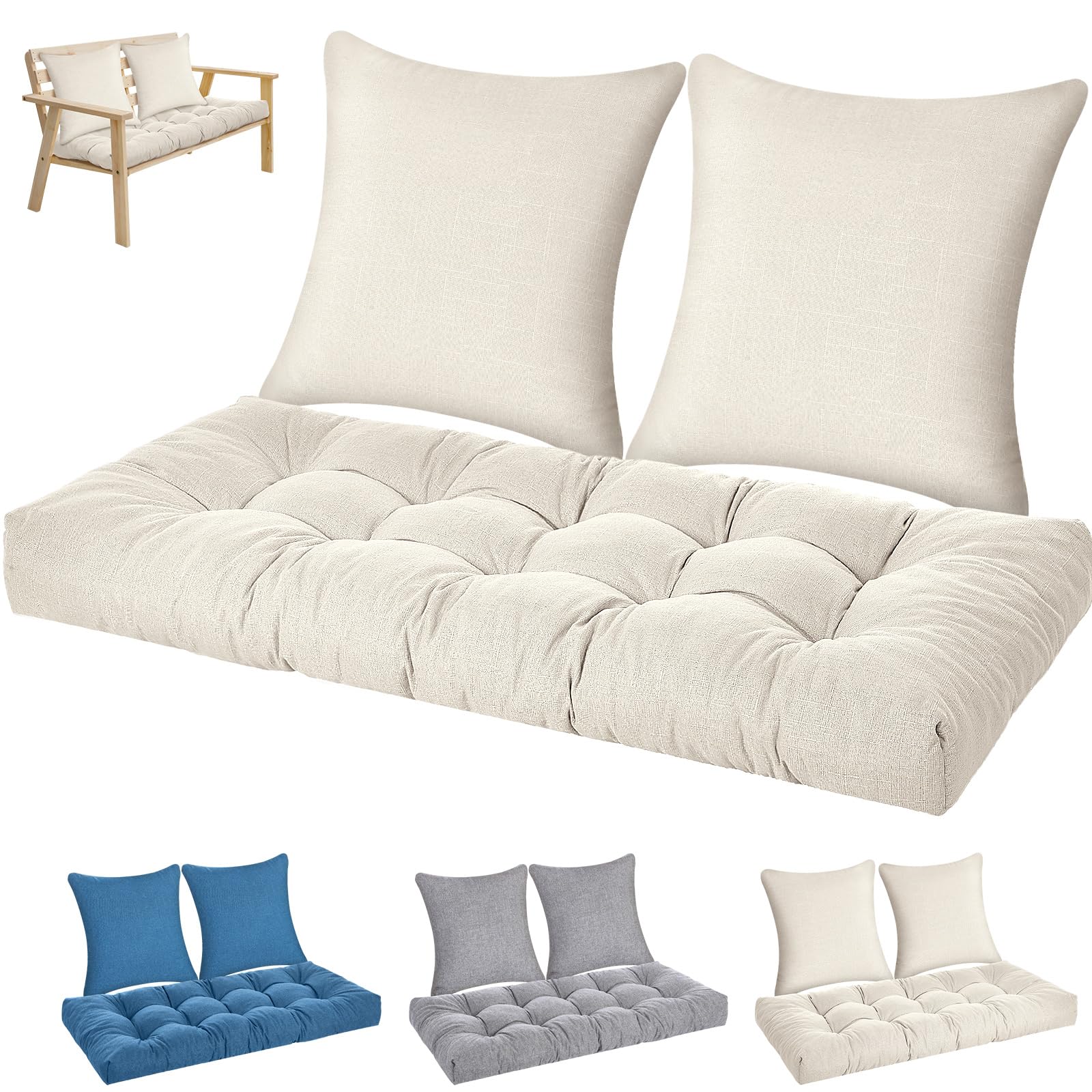 Photo 1 of Wenqik 3 Pcs Outdoor Bench Cushion Set 44x19 in Waterproof Tufted Patio Cushion Loveseat Seat Pad with 2 Throw Pillows Memory Foam Settee Pad for Indoor Sofa Wicker Couch Window Seat(44x19 in,White)