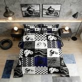 Dirt Bike Comforter Set, Motocross Rider Bedding Comforter Sets Twin, Motorcycle Grunge Down Comforter For Kids Boys Adult Men, Motorbike Extreme Sport Game Comforter, Buffalo Plaid, Blue Grey Black