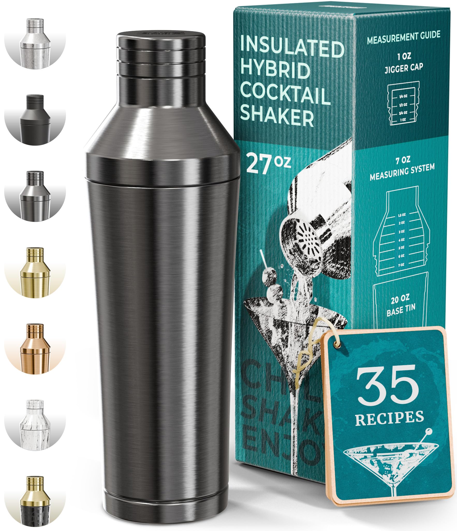 Photo 1 of Insulated Cocktail Shaker Set | Double Wall Stainless Steel | Martini Shaker for Home Bar Bartending | Built-in Drink Measurement System & Strainer, Travel Bag, 35 Recipes | Gift Set (Slate Gray)