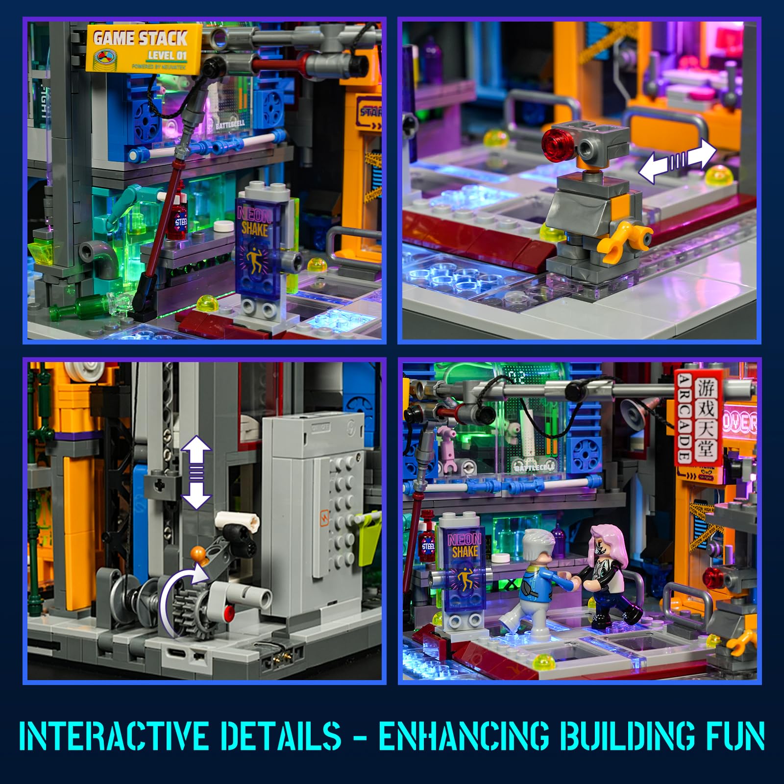 Lumibricks Cyberpunk Spielhalle Licht Bausteine Set – 2580 Klemmbausteine, Modulares Gebäude mit abnehmbaren Mechanismen, Geschenkidee für Erwachsene & Sci-Fi Fans 5