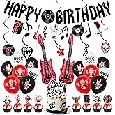 Crenics Rock and Roll Birthday Party Decorations - Happy Birthday Banner, Hanging Swirls, Cake Toppers and Balloons for Music Rock & Roll Party Supplies