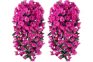 HOPPWODD Artificial Fake Hanging Plants Flowers Vines for Outdoor Spring Decoration, 2pcs Faux Silk Look Real Fuchsia Morning Glory Long Stems UV Resistant for Home Porch Patio Balcony Outside