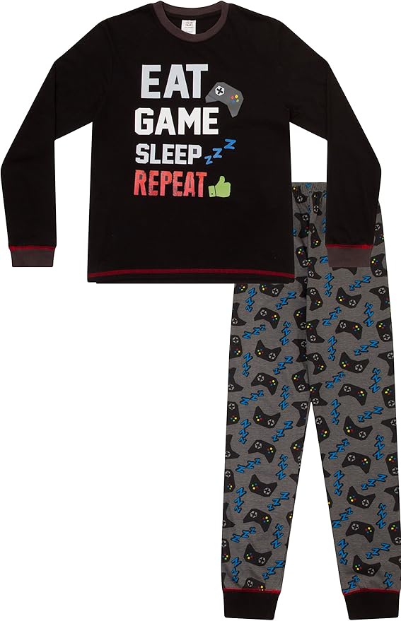thepyjamafactory Niños Comer Dormir Juego repetición Controlador Larga Pijama 8 A 15 años AOP 