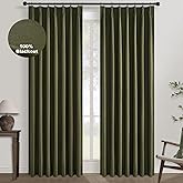 Topfinel Olive Green Linen Blackout Curtains 84 Inches Long, 100% Blackout Pinch Pleated Dark Green Boho Thermal Insulated Back Tab Curtains for Living Room Bedroom, Retro Drapes with Hooks Rings