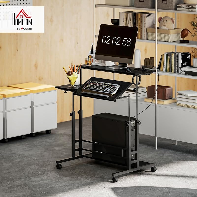 Escritorio Elevable con Ruedas, Puertos USB, 80x60 cm, Negro