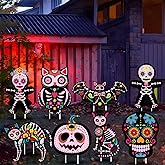 Yerliker 8 Pieces Day of The Dead Outdoor Decorations Yard Signs with Stakes, Halloween Party Supplies Dia De Los Muertos Decor Sugar Skull Skeleton Cat Owl Garden Lawn Decor for Scary(Pink)