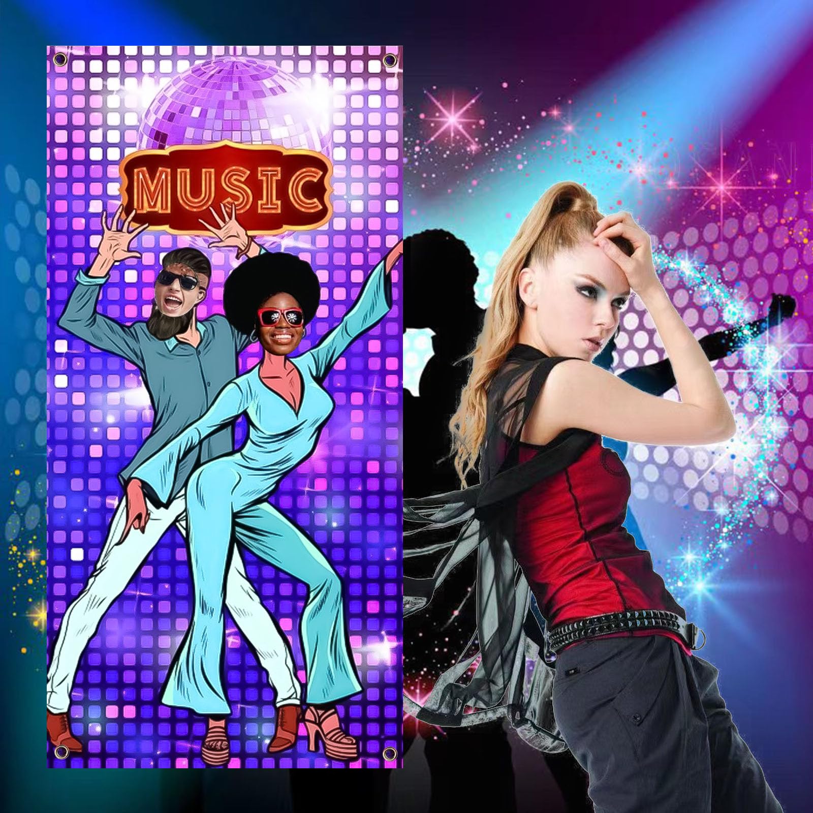 PMELCXD 70's 80's Banner -Disco Party Photobooth Props - Get groovy Large Backdrop, Ropes Included!