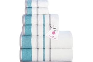 CASA COPENHAGEN White Bay 600 GSM Egyptian Cotton Towel for Hotel Spa Kitchen Bathroom, Set of 6, 2Bath, 2Hands, 2Washcloths - White with Blue-Green and Grey Border