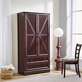 SOOWERY Farmhouse Dresser for Bedroom, Tall Chest of Drawers, Dark Cherry | 2-Drawer Wood Dresser, Barn Door Style Storage Cabinet, Multiple Storage Options, 71" Height