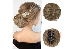 RUWISS Claw Clip Messy Bun Hair Piece Real Human Hair Buns Wavy Curly Chignon Hair Bun Extensions Tousled Updo Hair Buns Claw Clip Ponytail Hairpieces (blond mixed light blond)