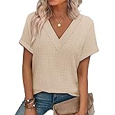 OFEEFAN Womens Short Sleeve Sweater Waffle Knit Tops V Neck Spring Summer T Shirts Casual Blouses Outfits Solid/Striped