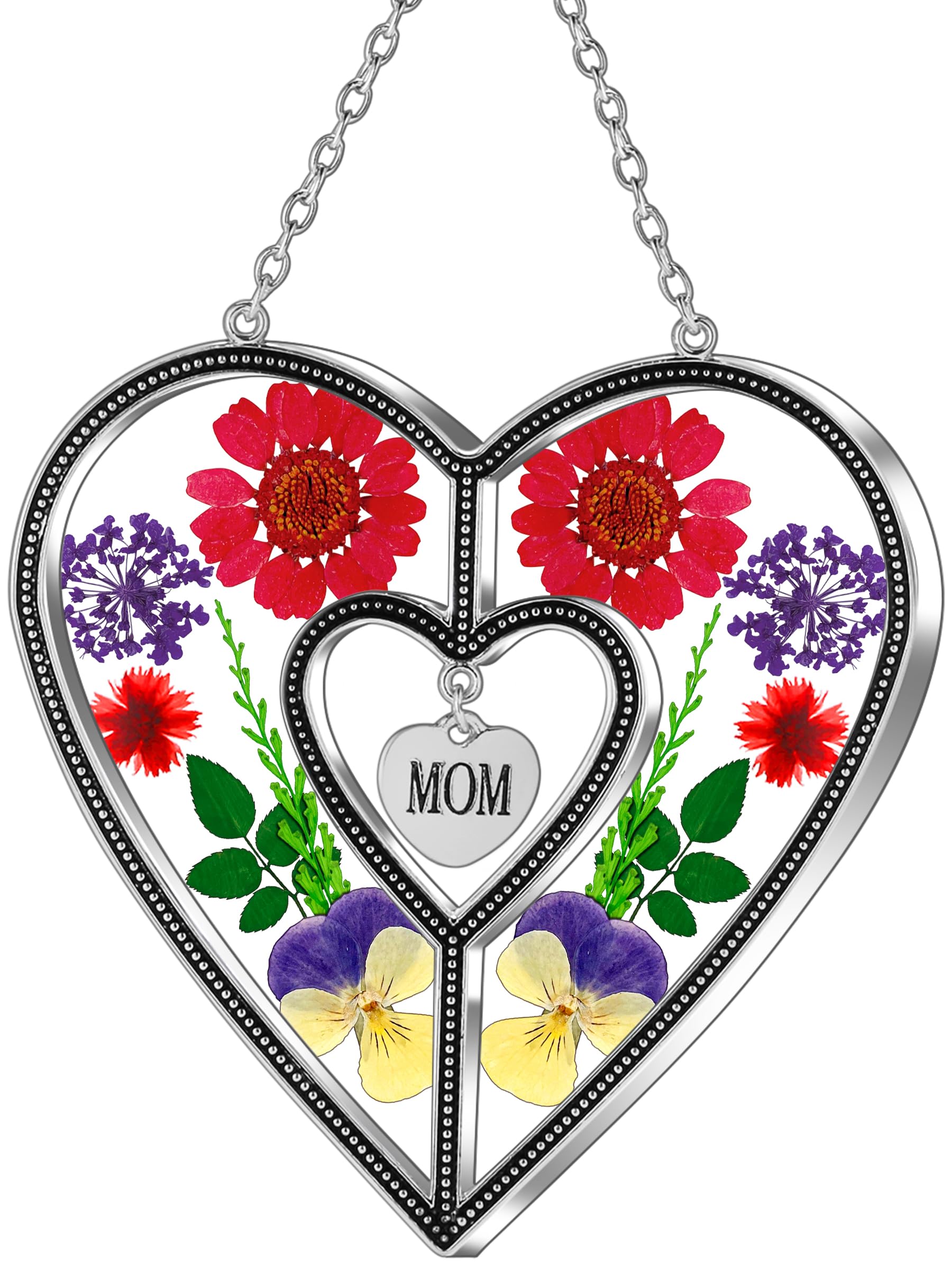 KY&BOSAM Heart Suncatcher Mom Gift Ornament Stained Glass Panles Hangings for Windows Sun Catcher with Pressed Flower Heart in Glass Birthday Gifts for Women Mother`s Day Christmas Home Garden Decor