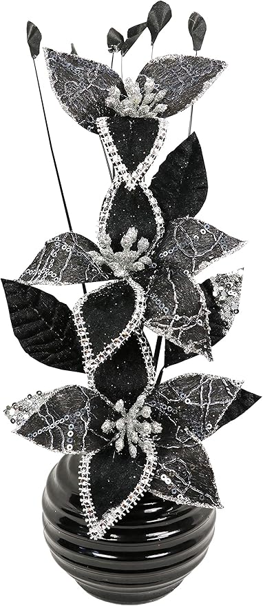 Black Vase with Black Silver Artificial Flowers, Ornaments For Bathroom ...