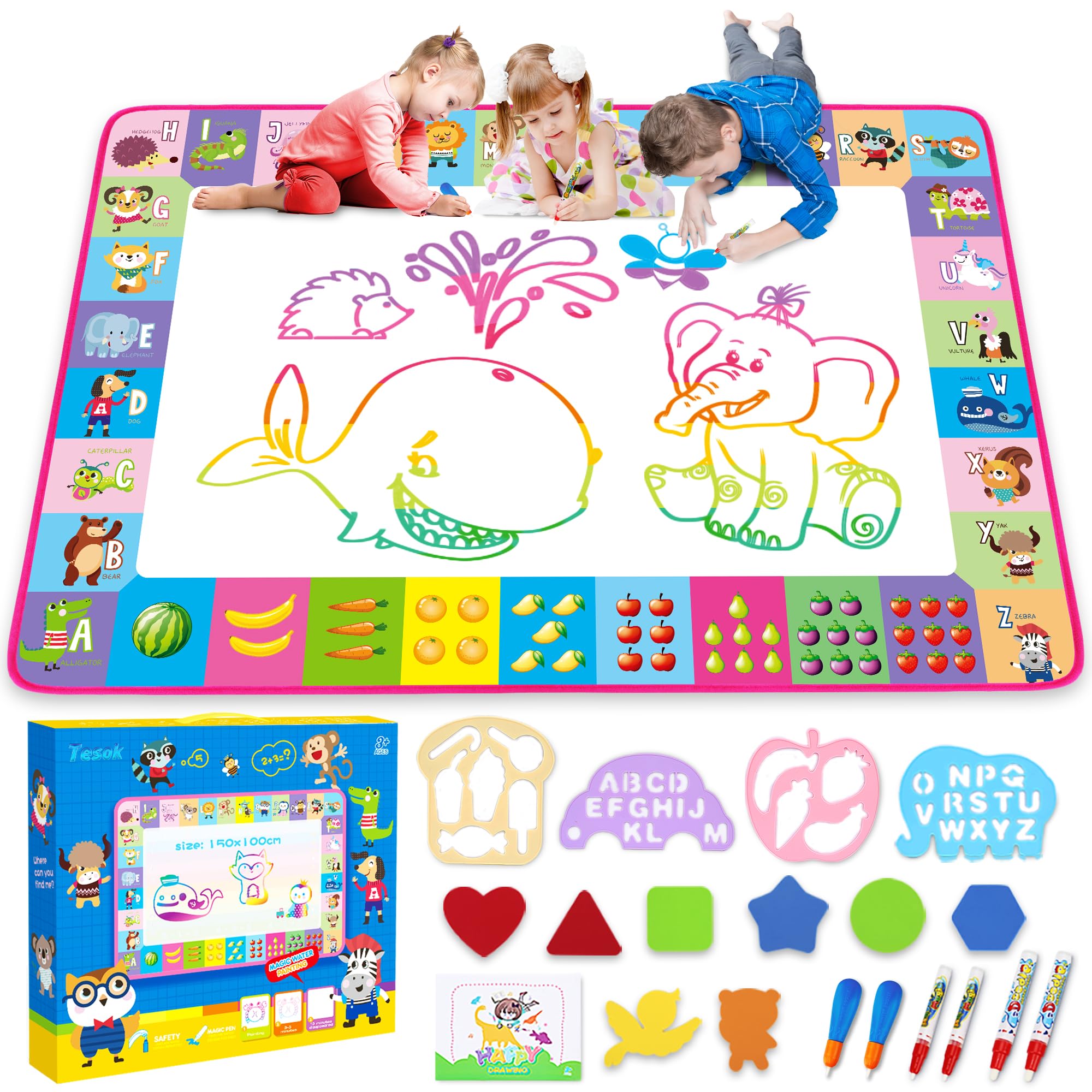 Water Doodle Mat,Kids Painting Writing Color Doodle Drawing Mat Toy Bring Magic Pens Educational Toys for Age 2 3 4 5 6 7 Year Old, Birthday Gifts for Girls Boys Toddlers