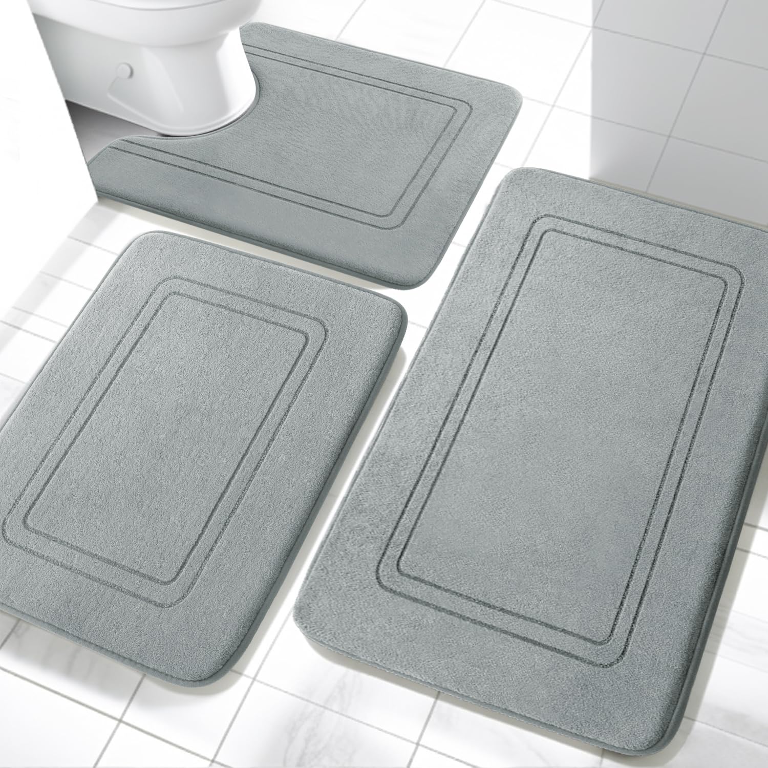 Chakme Bathroom Rug Set, 3 Pieces, Grey, 43 cm x 61 cm & 51 cm x 81 cm Bath Mat, U-Shaped Toilet Mat