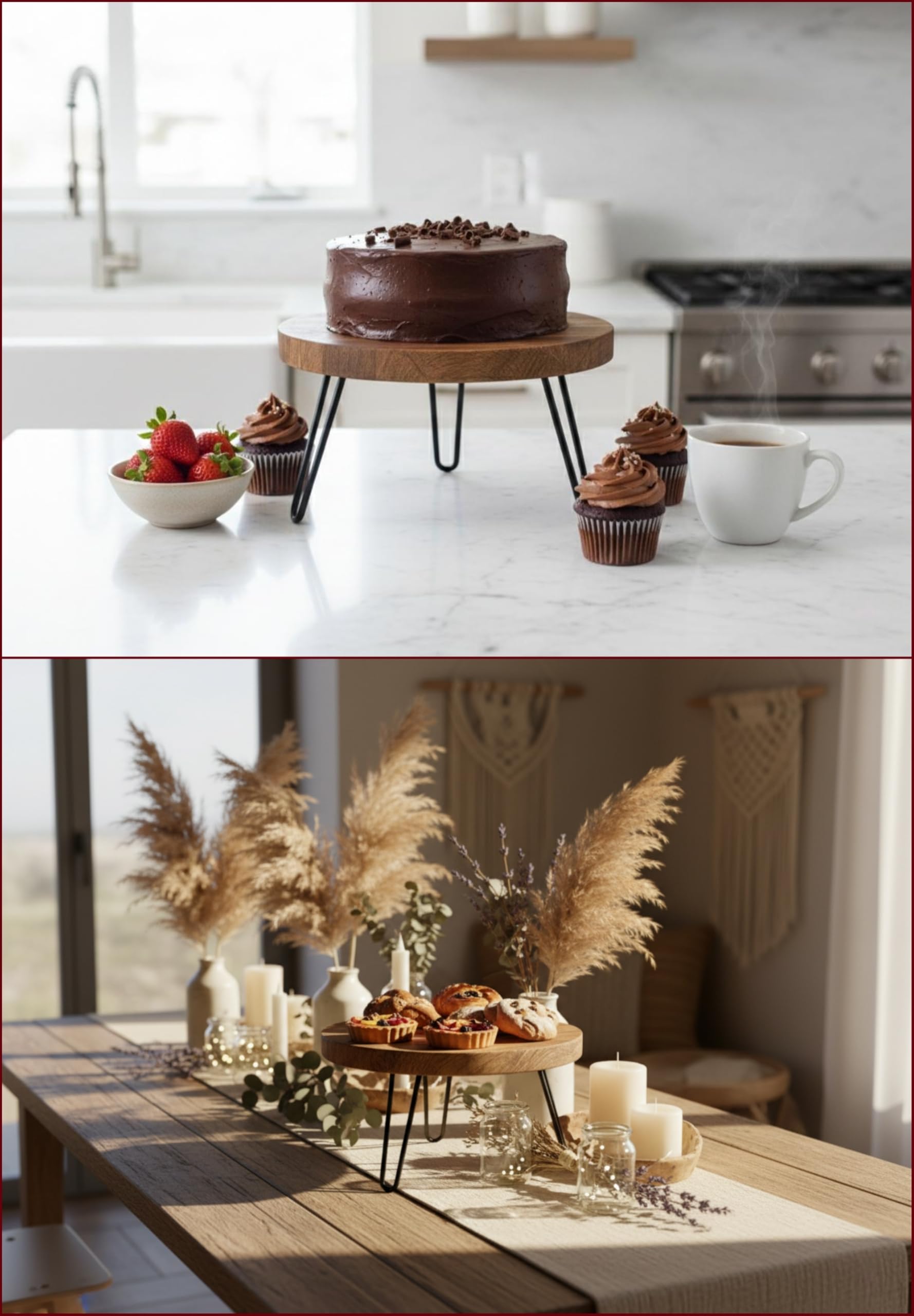 Wooden Cake Stand Set of 3 - 8 10 12 Inch Cake Pedestal with Metal Legs, Wood Dessert Table Display Stand Tiered Cupcake Holder Serving Platter for Wedding Baby Shower Birthday Party Table Decoration
