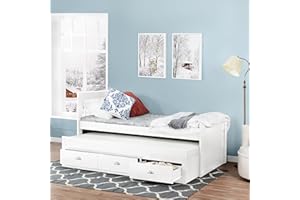 Naomi Home Brooklyn Twin Size Captain's Bed with Pull Out Trundle and 3 Storage Drawers, Solid Pine Wood Platform Bed with Headboard for Toddlers Kids Teen, 2 Sets of Bed Slats, White