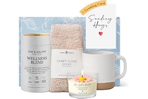 MODERN ELEGANCE Wellness Tea Care Package for Women – Relaxation Gift Box with Cozy Cloud Socks, Ceramic Mug, Hand-Poured Candle & Sending Hugs Card (Wellness Blend)