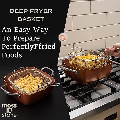 Moss Stone Pcs Copper Chef Cookware Non Stick Deep Frying Pan x  Fry Basket, Dishwasher Oven S