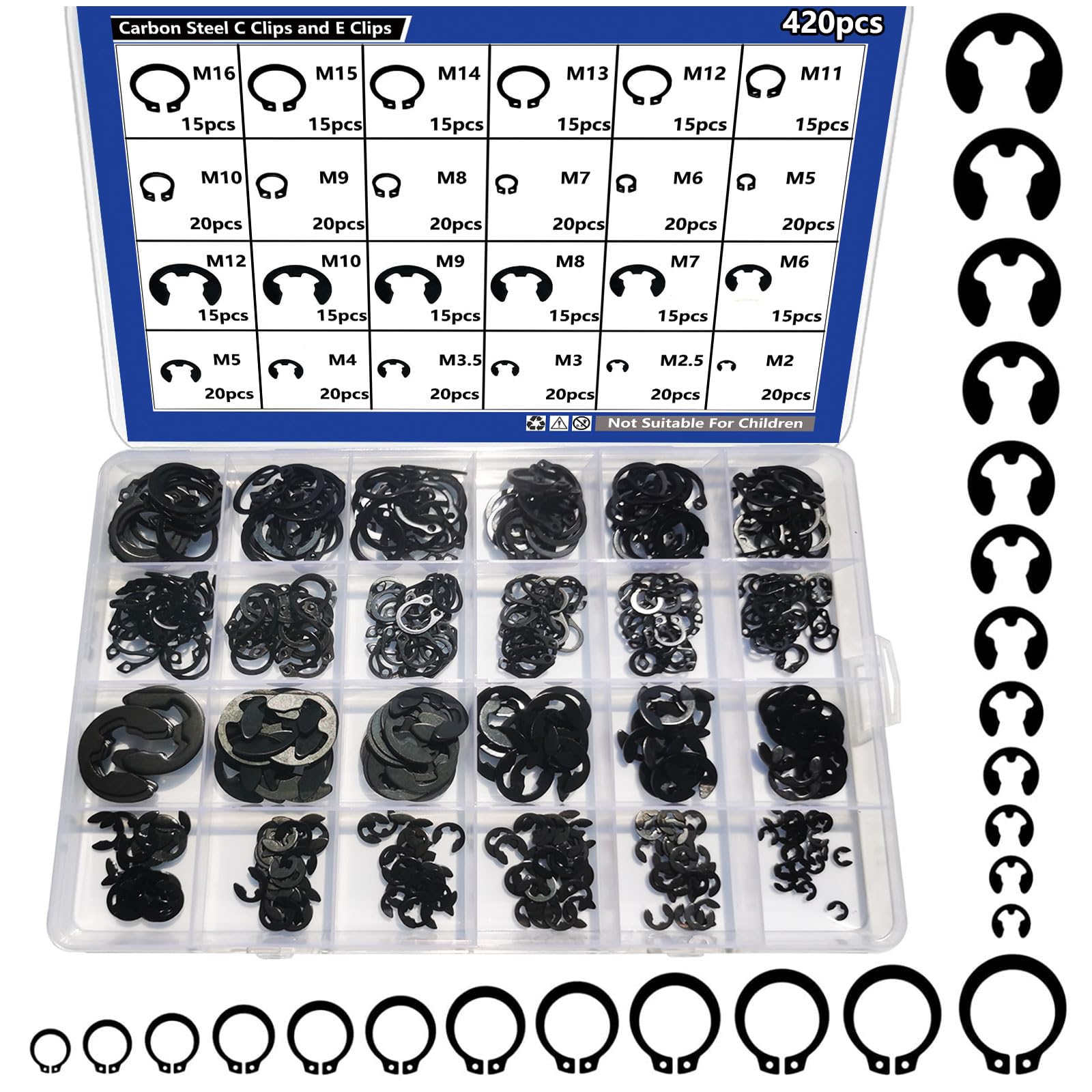 Photo 1 of ?Piece 2.0?Mm–12?mm External Retaining Ring & E/C?Clip Set – Carbon Steel Circlip Assortment Kit