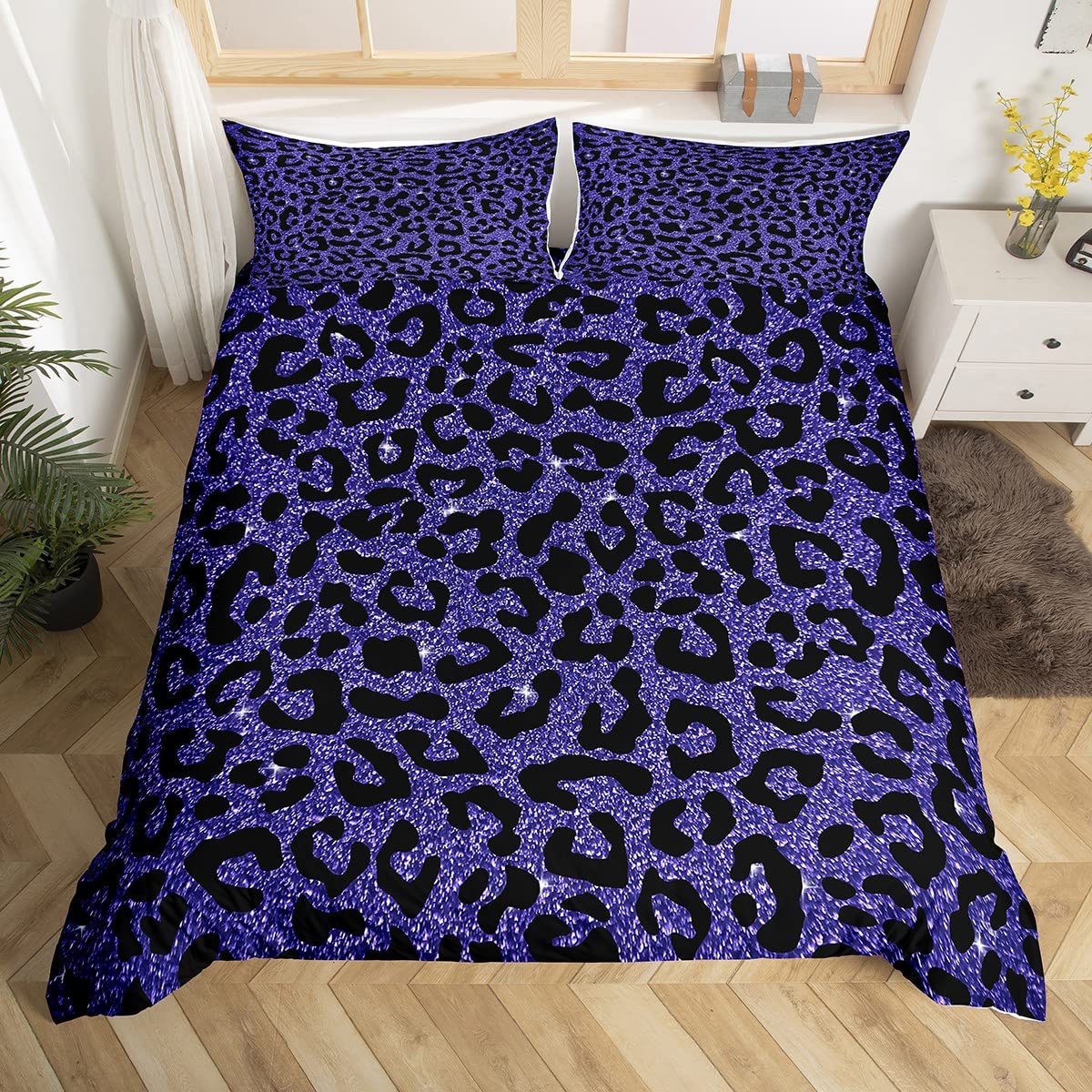 Homemissing Leopard Print Duvet Cover Set Glitter Cheetah Print Bedding Set for Kids Boys Girls Wild Animal Comforter Cover Set Microfiber Geometric Bedspread Cover Purple Bedclothes Super King