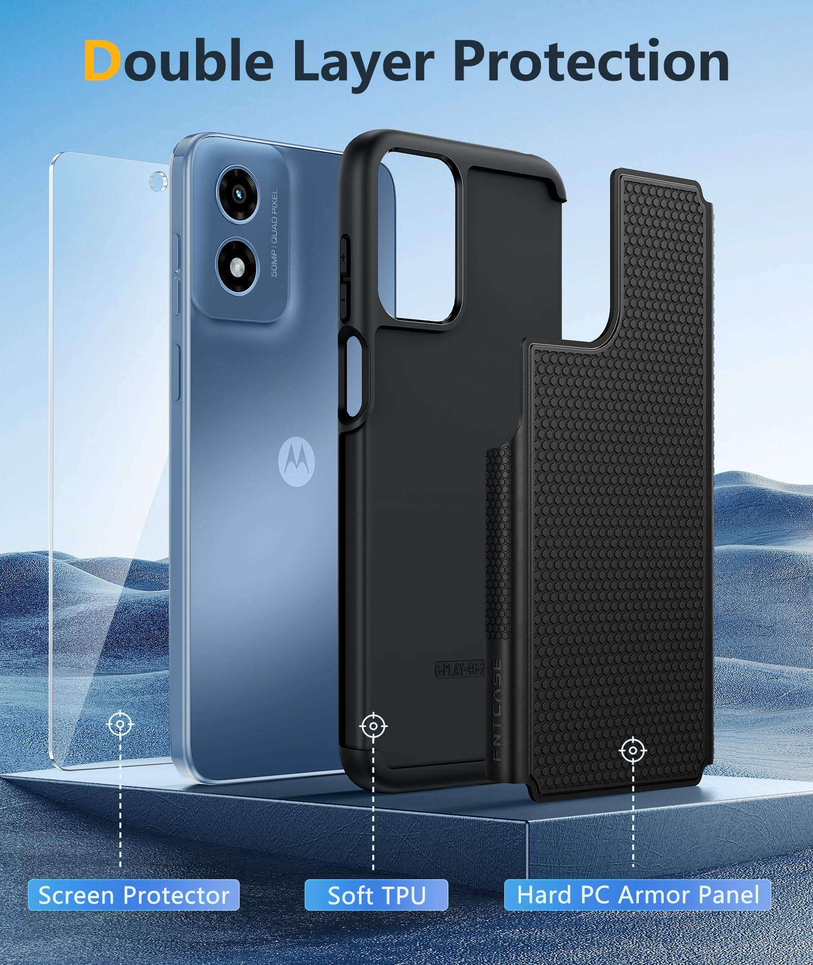 FNTCASE for Motorola Moto G-Play-2024 Case Dual Layer Protective | Heavy Duty Cell Phone Cover | Shockproof Rugged | Non Slip Textured Back | Military Protection Bumper | Black