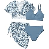 Girls Swimsuit 4 Piece Tropical Print Bikini Set Twist Criss Cross Bathing Suit with Kimono and Cover Up 9-16Y