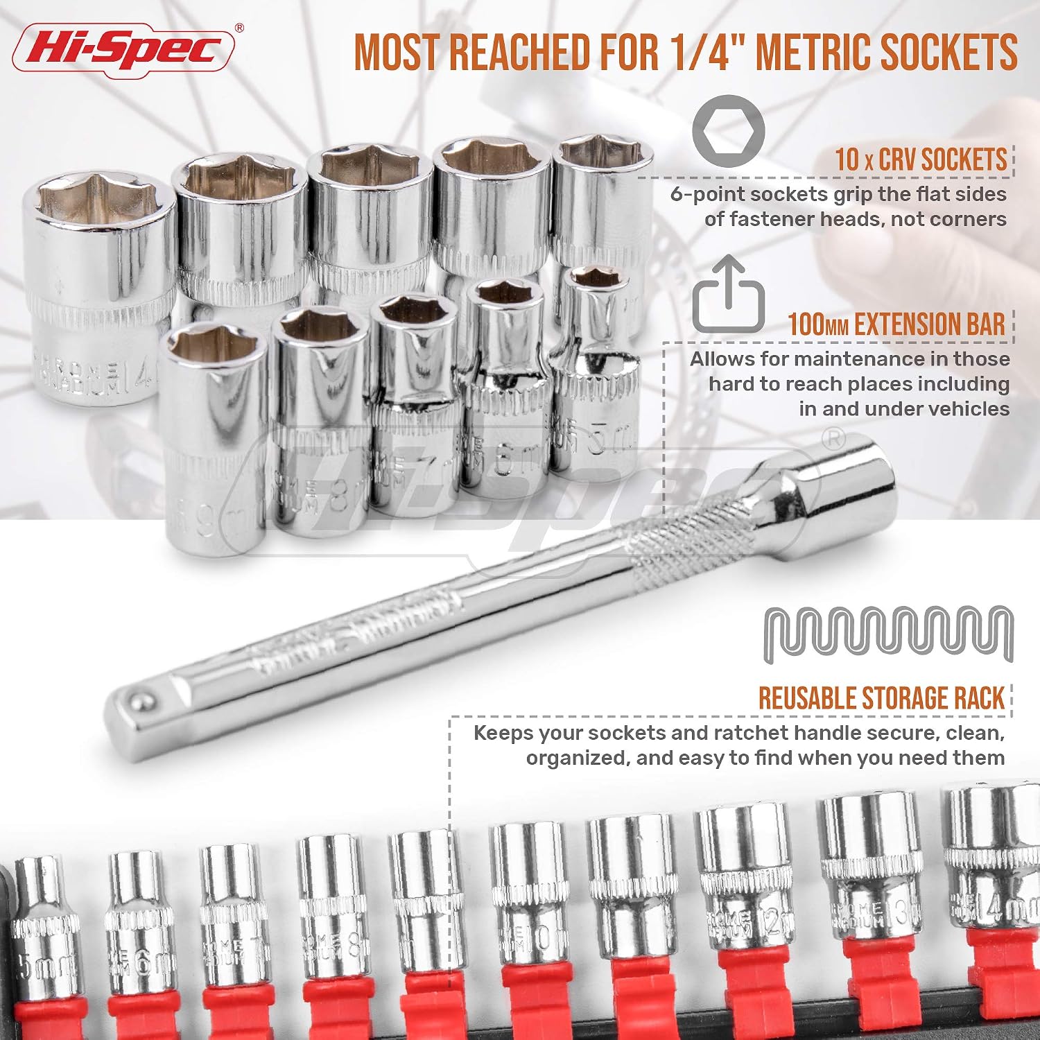 Hi-Spec 12pc 1/4 inch Metric Socket Set including Ratchet Wrench & Extension Bar. Home DIY and Car Garage Mechanic 5 to 14mm Ratchet Socket Tool Set - Image 5