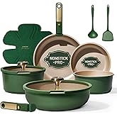 CAROTE Green&Gold Nonstick Cookware Set,15Pcs Pots and Pans Set Non Stick Detachable/Removable Handle,Kitchen Cooking Set Dishwasher Safe, RV Kitchen Pot and Pan, Induction Cookware
