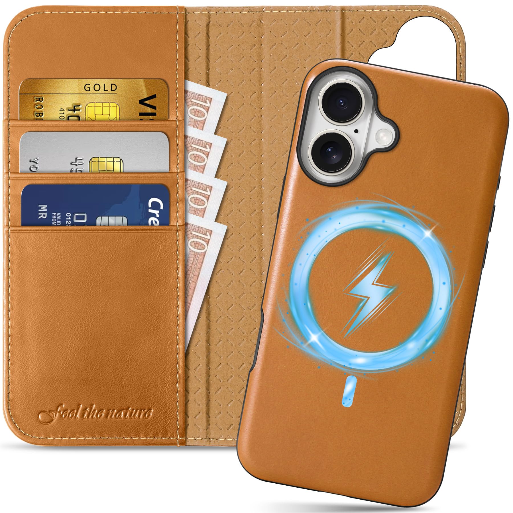 SHIELDON Case for iPhone 16 Plus 6.7", Genuine Leather Removable Wallet [Wireless Charging][Kickstand][RFID Blocking][Card Holder] Protective Cover Compatible with iPhone 16 Plus - Retro Light Brown — image 1