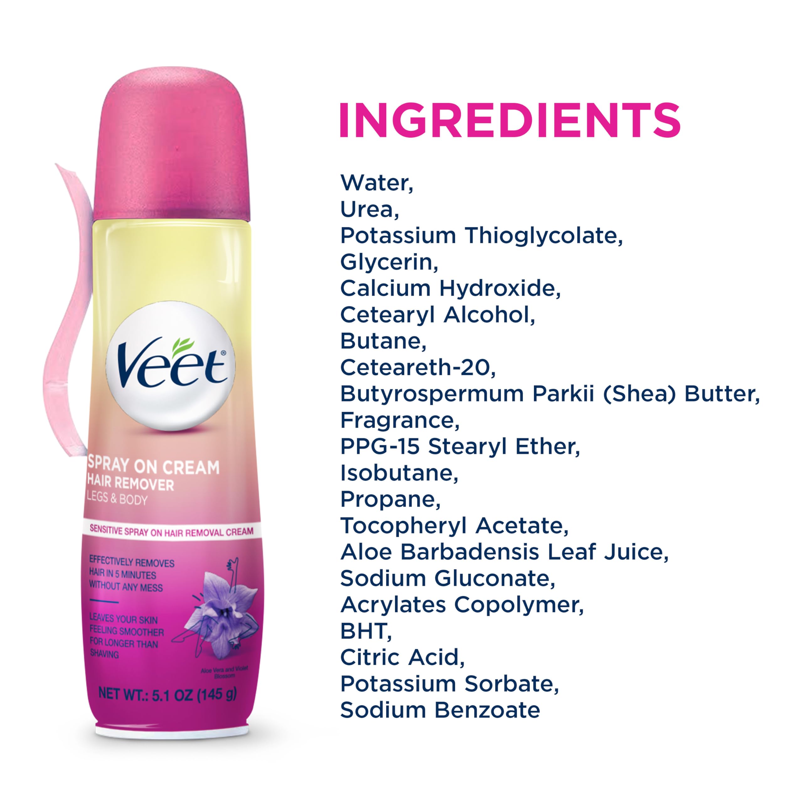 Hair Removal Cream – VEET Legs & Body 3 in 1 Spray On Hair Removal Cream, Sensitive Formula with Aloe Vera and Vitamin E, 5.1 oz Spray Can