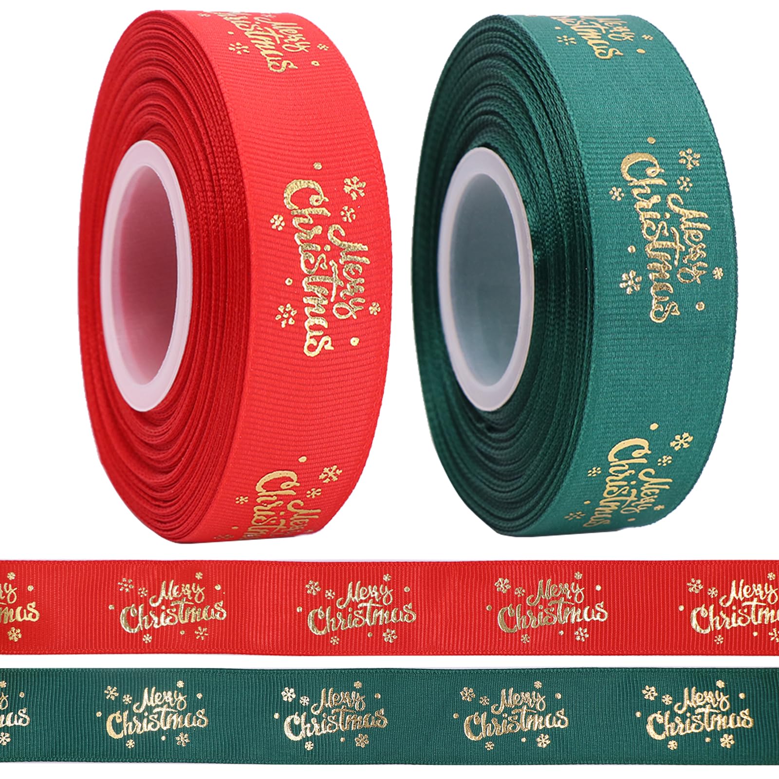 LOOGI Merry Christmas Ribbon 22m, 25mm Grosgrain Ribbons Wide Glitter Red Green Satin Ribbons for Gift Wrapping Crafts Wreaths, 2 Rolls