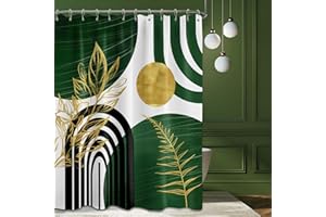 QGHOT Olive Green and Gold Shower Curtain Modern, Boho Mid Century Shower Curtains for Bathroom Decor MCM Minimalist Leaf Simple Bath Curtain Set, Waterproof Fabric, 70x72in