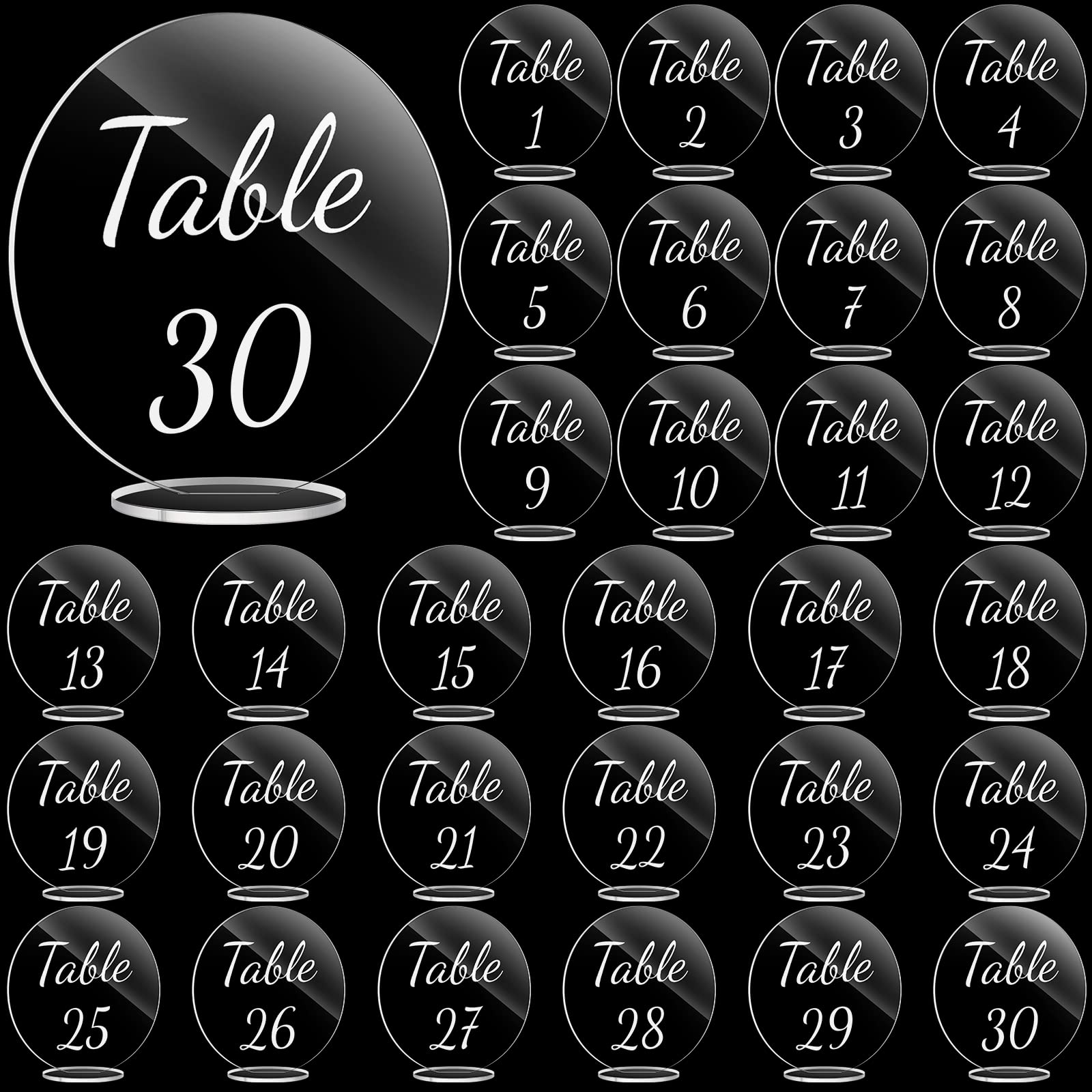 Photo 1 of Sintuff 30 Pcs Acrylic Table Numbers Wedding Clear Table Numbers with Stands for Wedding Reception 4.72in Wedding Signs 1 to 30 Acrylic Signs and Holders Display Stand(White)