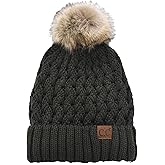 C.C Beanie Women’s Thick Cable Knit Faux Fuzzy Fur Pom Lattice Crossover Fuzzy Lined Skull Cap Cuff Beanie