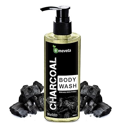 EMEVETA Shower Gel Charcoal Body Wash with Beads, Aloe vera, Tea Tree and Herbal Extract 200ML